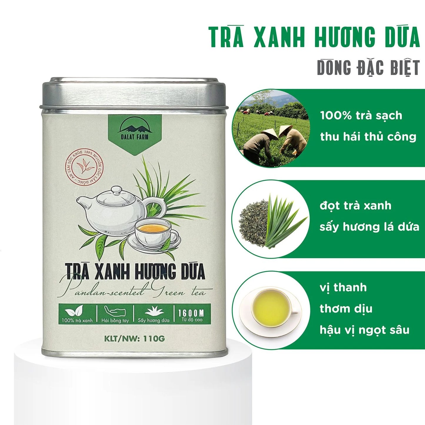 Đà Lạt Farm - Trà Xanh Hương Dứa | Pandan - Scented Green Tea [can/110gr]